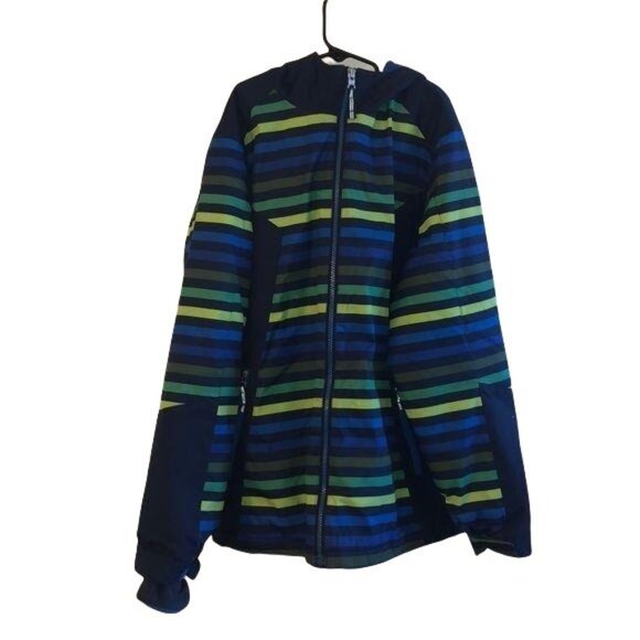 Lands End Kids Hooded Striped Jacket L 14-16 Blue Green - Picture 1 of 7
